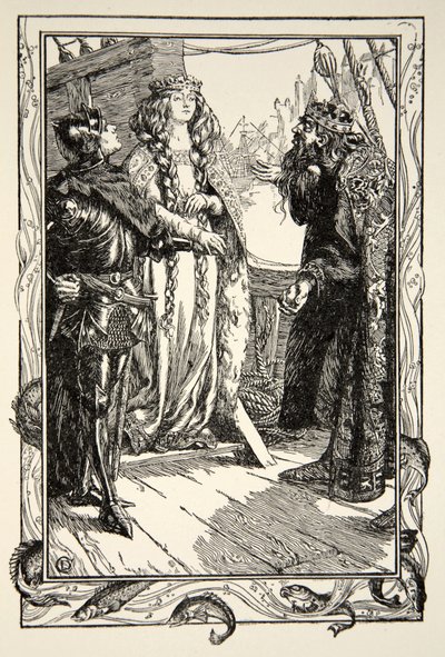 König Anguish gibt Isolt an Sir Tristram, Illustration aus 